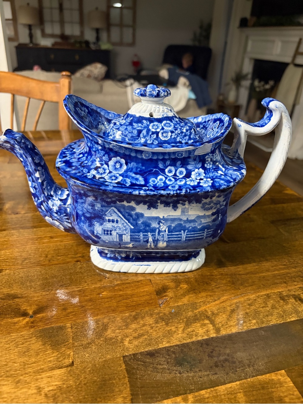 Antique Historical Blue Teapot Early 19th century has 2 chips see pics